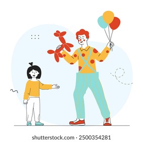 Girl at clown show. Man with red nose makes animals out of balloons and gives them to child. Circus performance and festival. Entertainment and fun for children. Linear vector illustration