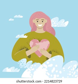 Girl clutches the heart-shaped planet earth to her chest against the background of a blue sky with white clouds. Banner concept is about love, care and environmental protection. Vector illustration.