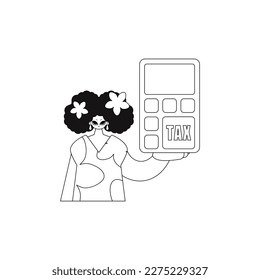 Girl clutching calculator in linear vector illustration.