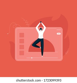 Girl coach conducts a yoga lesson live, teaching Yoga online concept, indoor exercise illustration, fitness trainer