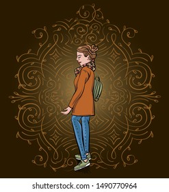 girl in a coat, in an autumn image, with a pattern on a background, fashion look concept, stock vector illustration 
