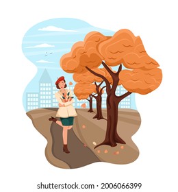 Girl in a coat and beret walking in the autumn park, autumn landscape with a woman, vector illustration in flat style. Cartoon.