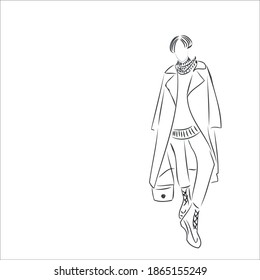 girl in a coat. card. oversized clothing, lace-up shoes, sweater. sketch. fashion. style, stylist. print for clothes. design of social networks. image of a girl. winter bow. spring, autumn, winter. bl