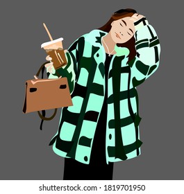 a girl in a coat in a checkered jacket walks and holds a cocktail or coffee in her hand