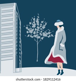 Girl in a coat and hat with fur trim. Winter city landscape, street, house, tree - vector. Fashion beauty. Artificial fur
