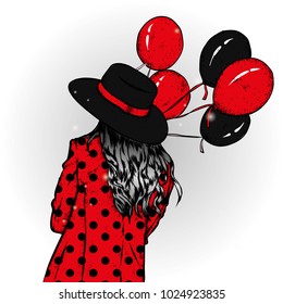 Girl in coat and hat. Woman with balloons. Vector illustration.