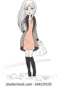 girl in coat with packages