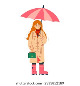 Girl in coat with pink umbrella. Concept design. Beautiful autumn nature with Flat young woman. For web design with isolated white background