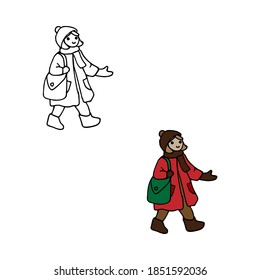 Girl in a coat in winter vector illustration in color and outline sketch style