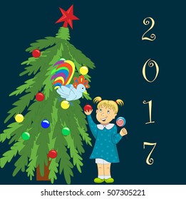 Girl, cock and Christmas tree. Happy New Year and Christmas. New Year card. - Stock Vector.