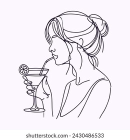 girl with cocktail minimalist line art isolated light lilac background elegant hairstyle refreshing drink through straw citrus slice contour hand drawn illustration for modern trendy design