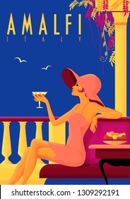 Girl With A Cocktail On Vacation On The Amalfi Coast. Vintage Poster. Handmade Drawing Vector Illustration. Art Deco Style With Grunge Effect.