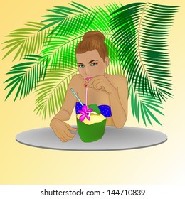 Girl, Cocktail, Palm.Vector Illustration