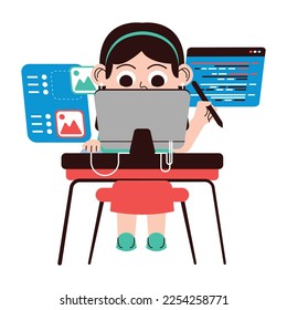 Girl Coding Designing With PC Illustration