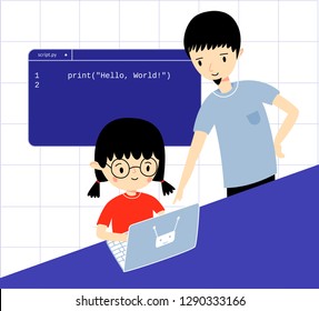 Girl coding at school on a laptop. Teacher is pointing on screen. Hello world python app code on the background
