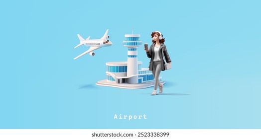 Girl with coffee, airport, passenger plane, 3D. Banner for leisure travel concepts, commercial transportation, infrastructure, and seasonal ticket discounts. Vector illustration.