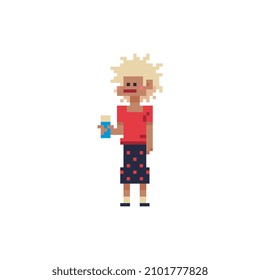 Girl with coffee character. Pixel art flat style. Stylish hairstyle. 8-bit. Isolated vector illustration. Game assets.