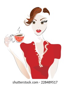 Girl with Coffee Cup or Tea. Vector of a Woman in a Cafe