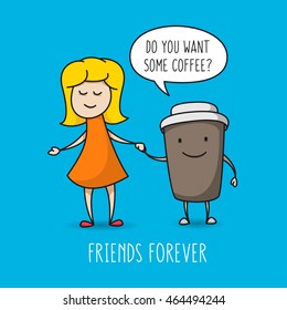 Girl and coffee cup vector illustration on blue background.
