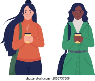 Girl with coffee in fall semi flat color vector characters set. Posing figures. Full body people on white. Autumn isolated modern cartoon style illustration for graphic design and animation pack