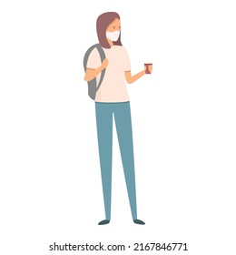 Girl coffee to go in mask icon cartoon vector. Travel vacation. Summer holiday