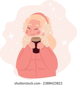 girl with coffee in her hands. Vector illustration.