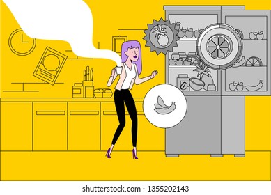 girl with coffee in the morning opens the fridge and selects breakfast