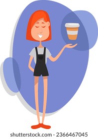 Girl with coffee mug, illustration, vector on a white background.