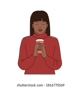 Girl with coffee paper cup vector illustration. Minimalistic character - young brown skin woman wearing cozy sweater and holding cup with pumpkin latte. Autumn, fall, cold weather, comfort concepts.