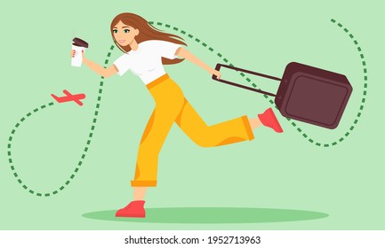 A girl with a coffee and a suitcase runs, hurries, is late for the plane. Vector illustration in the flat style