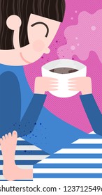 Girl with coffee or tea or soup. Girl with chinese or japanese or korean food. Background for phone. Vector illustration in a flat style