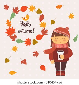 Girl with coffee, text "Hello autumn" and bird. Autumn set isolated on white background. Vector illustration. Wreath of leaves.