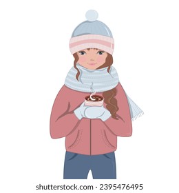 Girl with coffee.Cute girl drinking a cup of coffee, tea. Hat, scarf, mittens, coat. Winter clothes. Vector illustration isolated on white background. Beautiful woman. Christmas time. Fashion. Cold