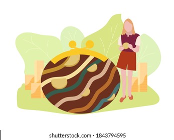 The girl with the coin wants to put in a vintage velvet purse in multicolored stripes with coins.