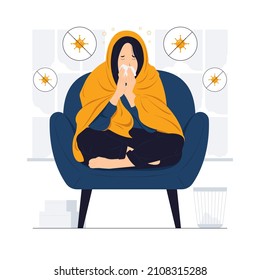 Girl with a cold blowing her nose while lying sick in sofa concept illustration