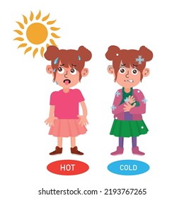 Niña con frío y chica con calor, lindo ejemplo de antónimo de palabra opuesta para niño.