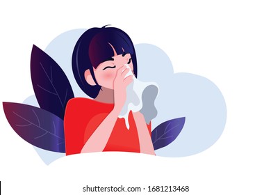 A girl with a cold. Vector illustration of a girl with a handkerchief. Epidemic. Prevention and treatment. The medical design.