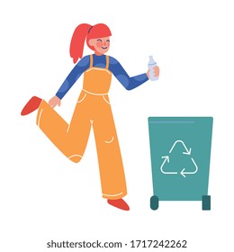Girl Collecting Plastic Wastes into Trash Bin, Children Picking Up Garbage for Recycling Vector Illustration