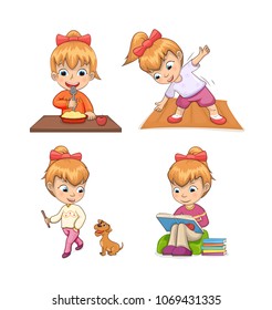 Girl collection of activities, eating breakfast and doing exercise, walking dog and reading books, girl and life vector illustration isolated on white