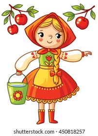 Girl collects apples in a bucket. Vector illustration in cartoon style. ?ute  folk girl with a scythe in beautiful colors dress.