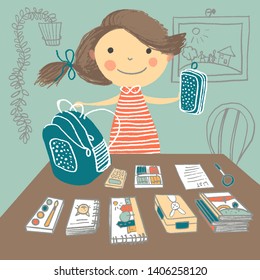 The girl collects a backpack to school. Vector hand-drawn style illustration.