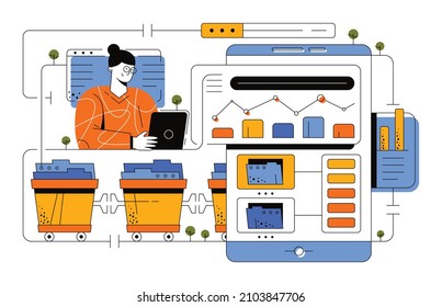 A girl collects and manages data using machine learning and a database system. A data mining and collection process. The girl looks at the tablet and analyzes the incoming data. Vector