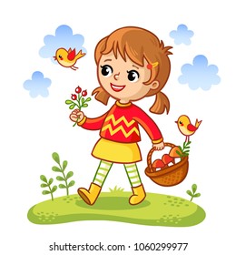 The girl collects mushrooms in a basket. Vector illustration in a cartoon style. Wesola child walks through the meadow.
