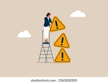 Girl collects  pyramid of exclamation attention sign. Solving problem. Flat vector illustration