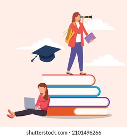 A girl college student fighting to reach graduate with graduate cap . Graduate of educational institution celebrating victory. Off to college. Vector colorful illustration. 