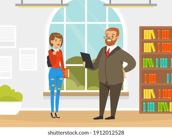 Girl College Student Having Discussion with her Professor in Library, Education and Learning Concept Cartoon Vector Illustration