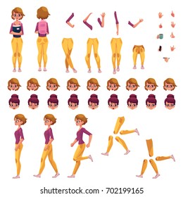 Girl, college or university student creation set with choice of poses, gestures, emotions, cartoon vector illustration on white background. Student girl creation set, changeable face, legs, arms