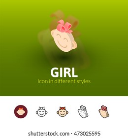 Girl color icon, vector symbol in flat, outline and isometric style isolated on blur background