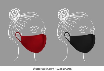 Girl in color protective medical face mask. Line drawing women face