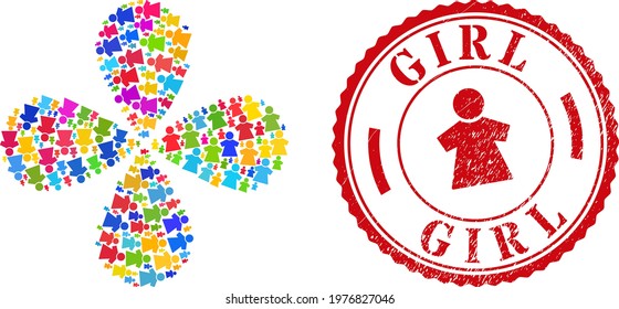 Girl colored curl fireworks, and red round GIRL rough stamp imitation. Girl symbol inside round stamp imitation. Element whirlpool created from random girl items. Vector flower collage in flat style.
